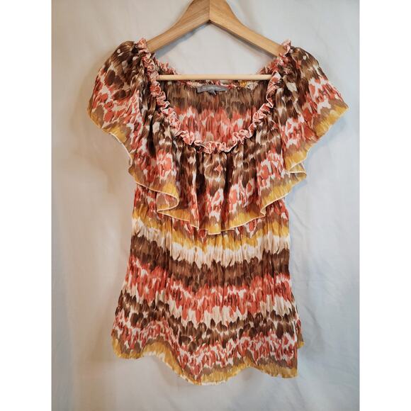NY COLLECTION Brown Peach and Yellow Sleeveless Cape Collar Boho Blouse Size MED - Picture 1 of 7